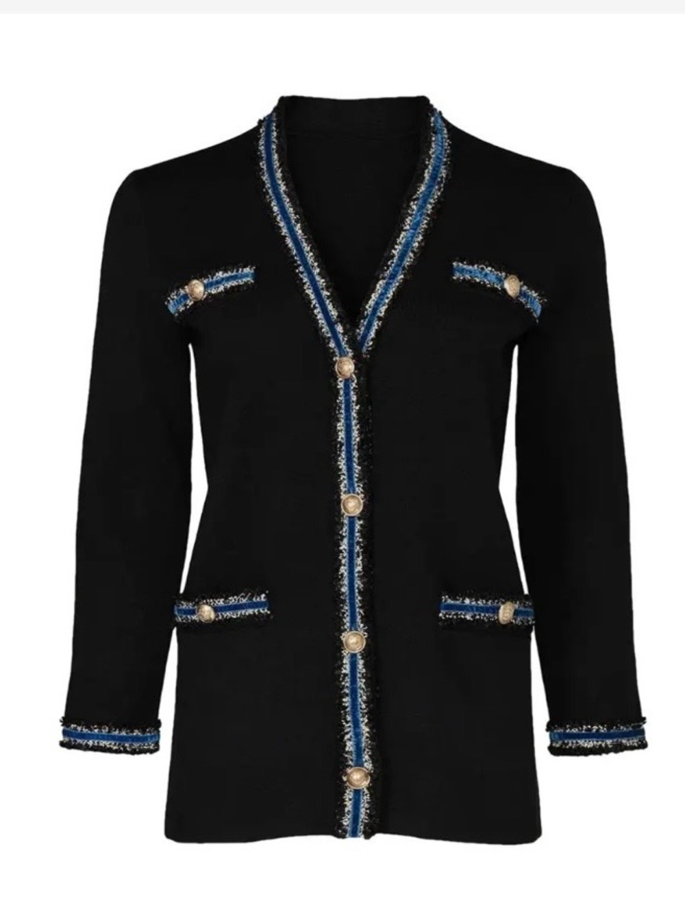 Maje Black Open-Front Blazer with Blue Trim and Gold Buttons